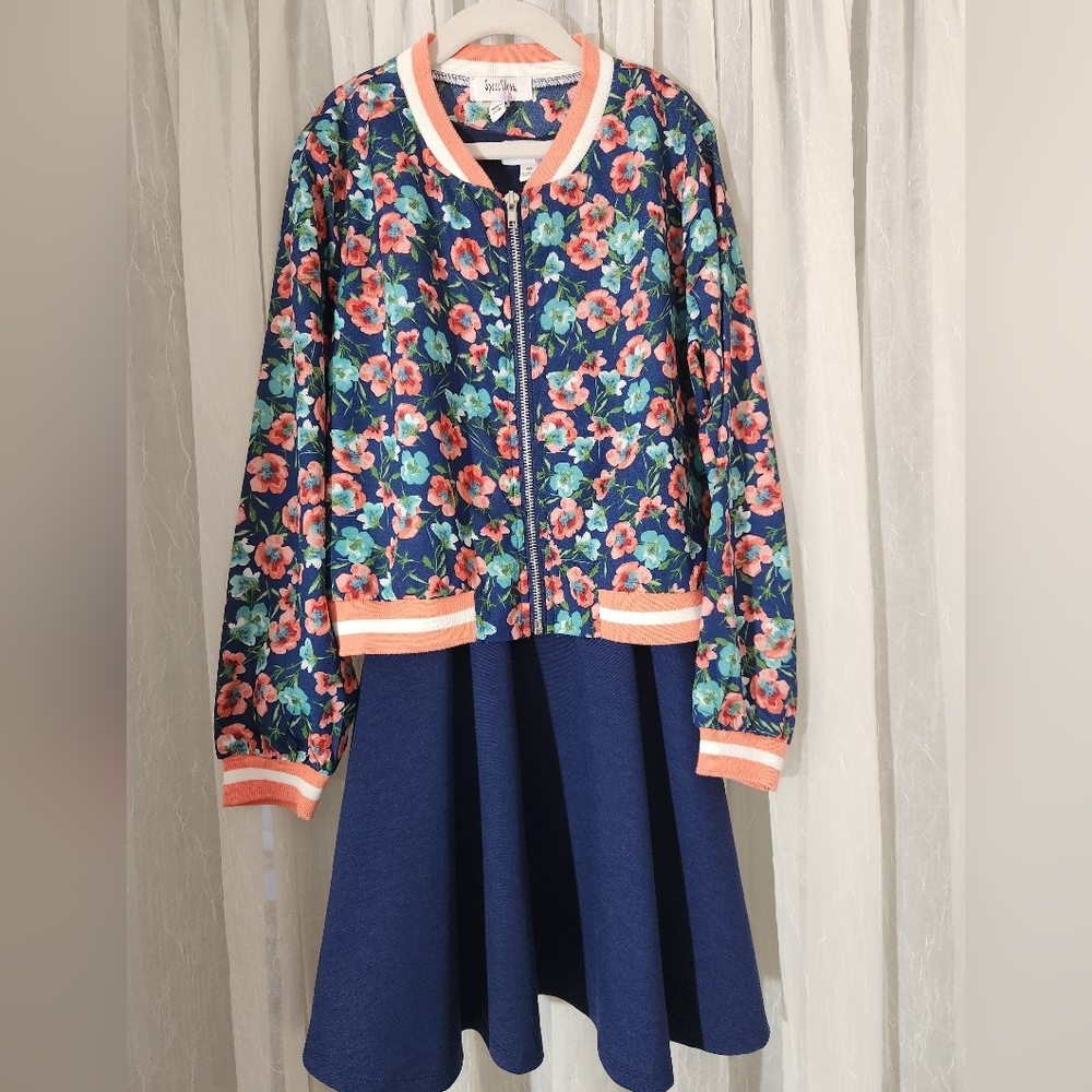 Speechless Girl's Blue Sleeveless Dress w/Floral Bomber Jacket, Size 10, NWOT.